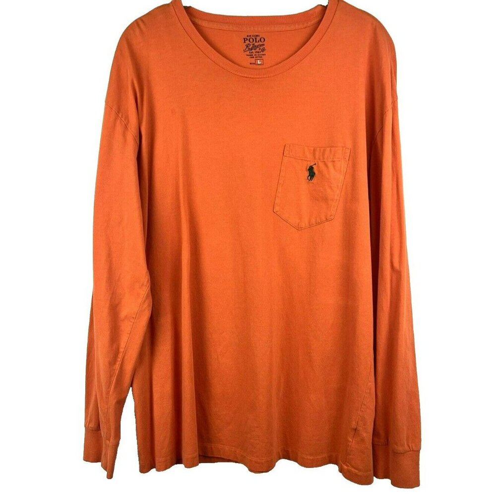 Polo Ralph Lauren T-Shirt Men's Large Orange Long Sleeve Crewneck‎ Pony Pullover